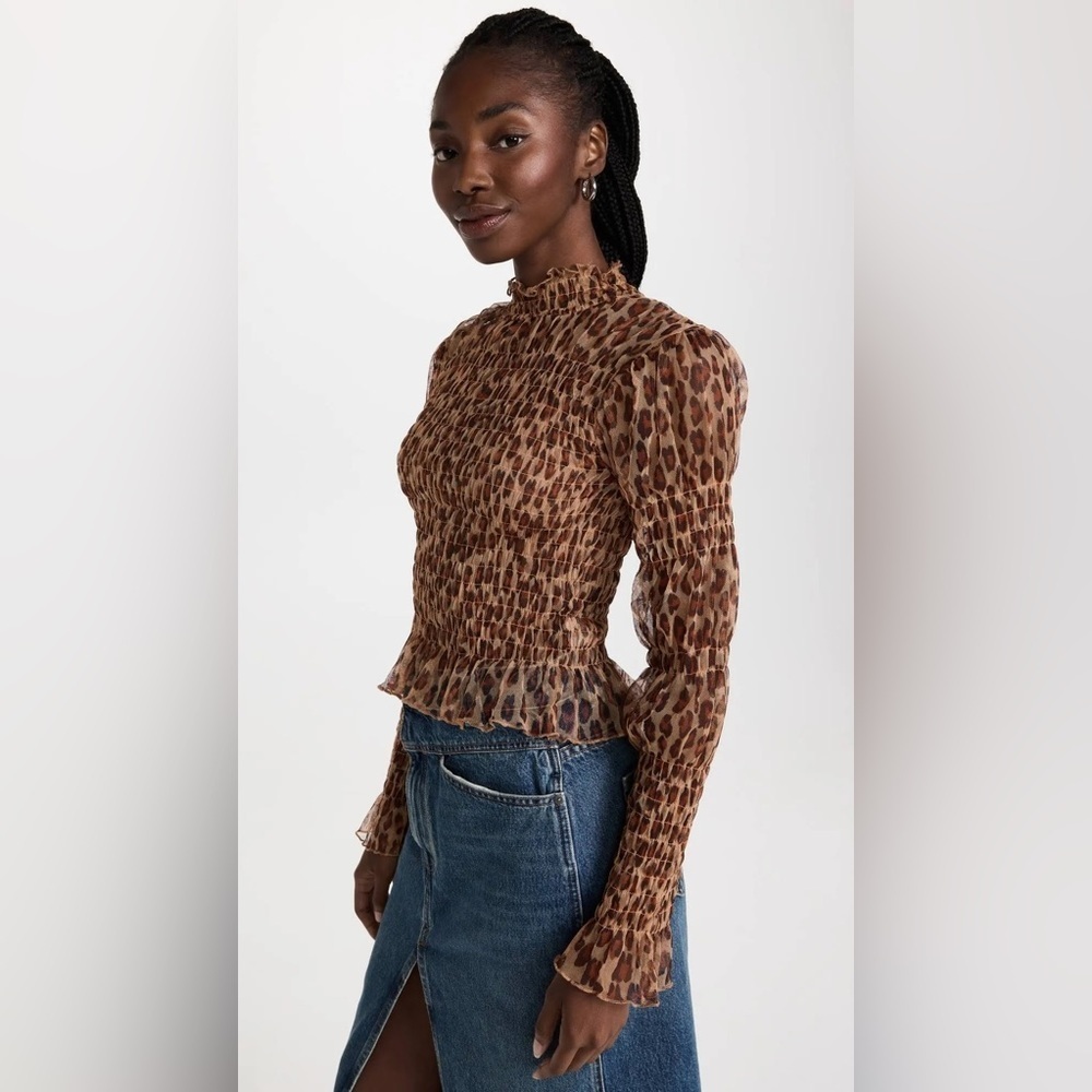 FREE PEOPLE Smocked HELLO THERE Mesh Top Leopard Cheetah Mock Neck Size Small - Picture 2 of 14
